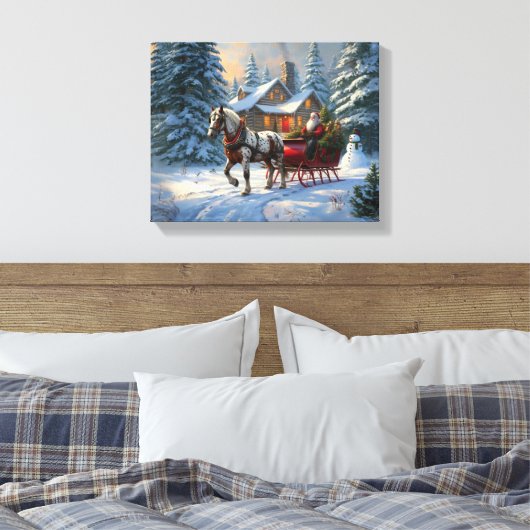Kerstman met één paard Sleigh Canvas Afdruk (Insitu (Slaapkamer))