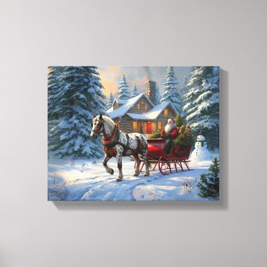Kerstman met één paard Sleigh Canvas Afdruk (Voorkant)