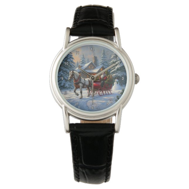 Kerstman met één paard Sleigh Horloge (Voorkant)