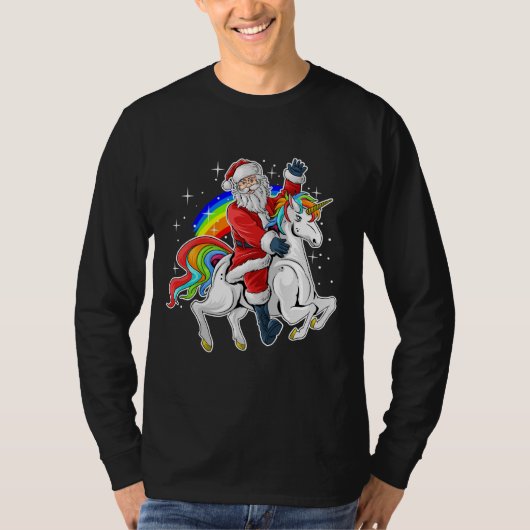 Kerstman met een unicorn-regenboogzolder t-shirt (Voorkant)