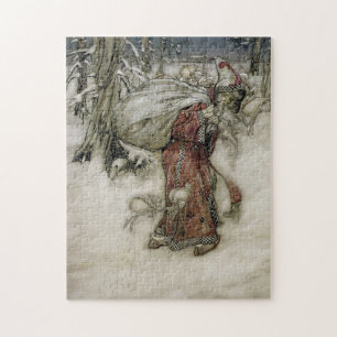 Kerstman met een zak vol cadeaus in de sneeuw legpuzzel