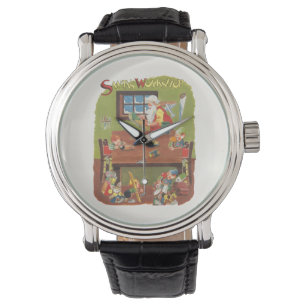 Kerstman met elfen in de werkplaats voor een vinta horloge