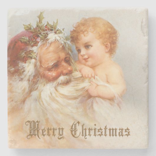 kerstman met glimlachend kind stenen onderzetter (Voorkant)