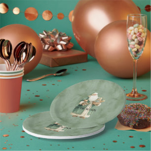 Kerstman met groene jas kerstcadeaus papieren bordje