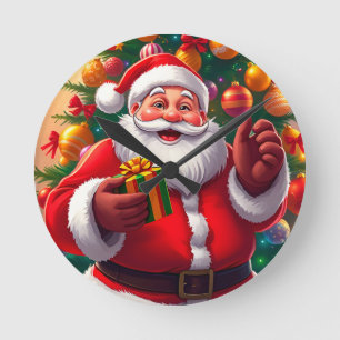 Kerstman met kerstboom en cadeaus ronde klok