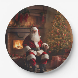 Kerstman met kerstboom en open haard papieren bordje