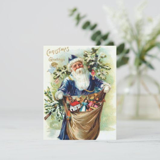 kerstman met kerstboom en speelgoed feestdagenkaart (Staand voorkant)