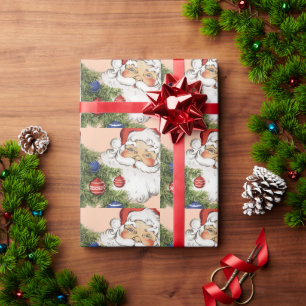 Kerstman met kerstboomornamenten in vintage stijl cadeaupapier