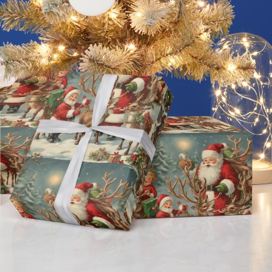 kerstman met kinderen, rendieren en geschenken cadeaupapier (Feestdagen)