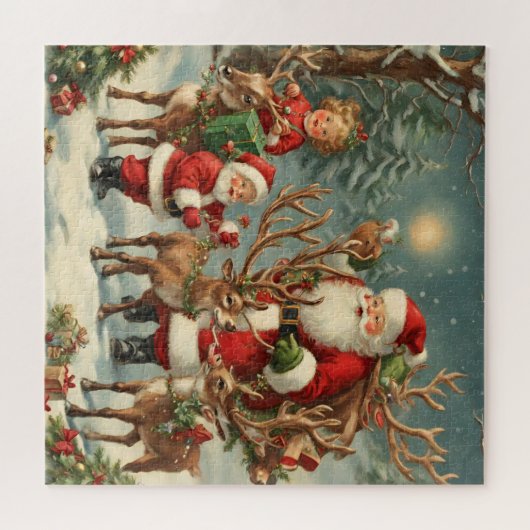 kerstman met kinderen, rendieren en geschenken legpuzzel (Horizontaal)