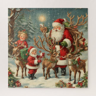 kerstman met kinderen, rendieren en geschenken legpuzzel
