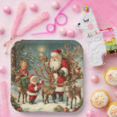  kerstman met kinderen, rendieren en geschenken papieren bordje (Feest)