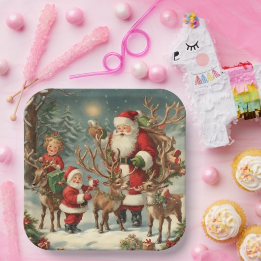 kerstman met kinderen, rendieren en geschenken papieren bordje (Feest)