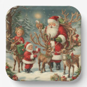 kerstman met kinderen, rendieren en geschenken papieren bordje (Voorkant)