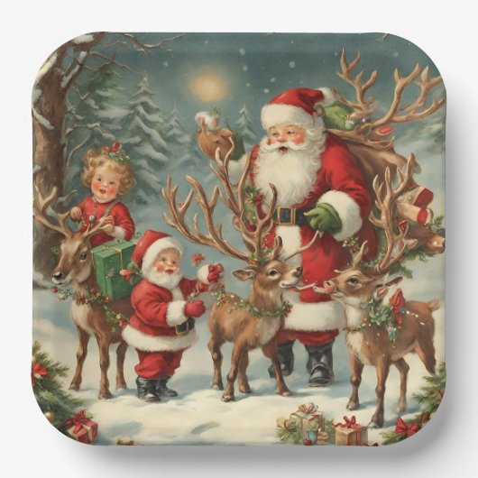  kerstman met kinderen, rendieren en geschenken papieren bordje (Voorkant)