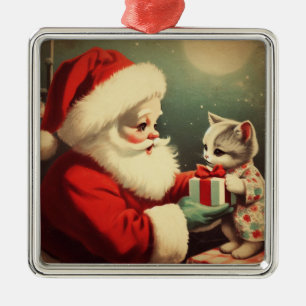  Kerstman met Kitten Retro Santa Metalen Ornament