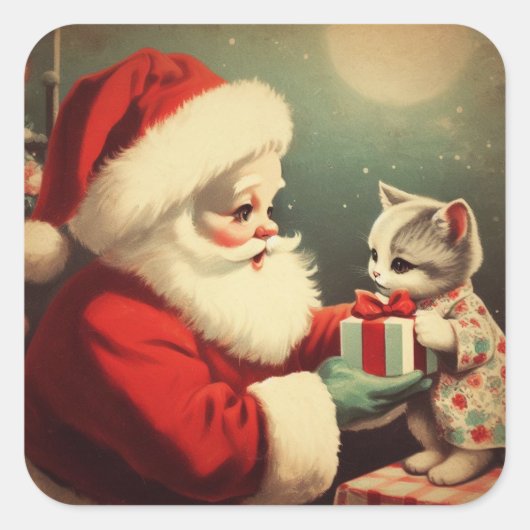  Kerstman met Kitten Retro Santa Vierkante Sticker (Voorkant)