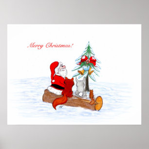 Kerstman met konijn, vos en eekhoorn poster