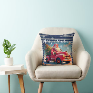 Kerstman met oude roze vrachtwagen kussen