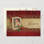 kerstman met poinsettia en gouden kant feestdagenkaart (Voorkant / Achterkant)