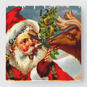 Kerstman met rendier vierkante klok