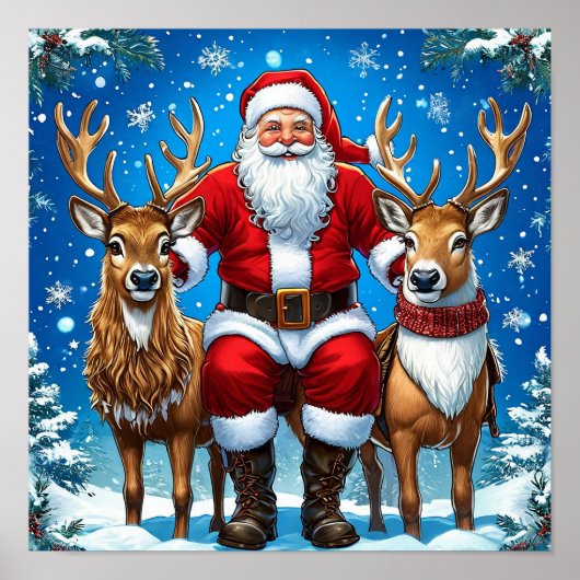 Kerstman met Rendieren Magische Kerstmis Poster (Voorkant)