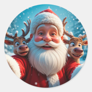 Kerstman met rendieren viert Kerstmis Ronde Sticker
