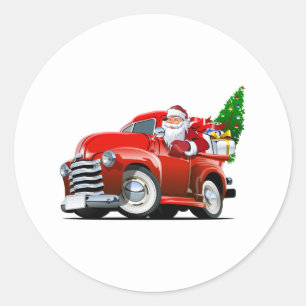 Kerstman met rode auto met kerstboom Ronde Sticker