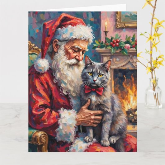 Kerstman met Russische Blauwe Kat Kerst Kunst Kaart (Gele Bloem)