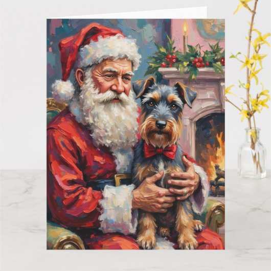 Kerstman met Schnauzer Kerstkunst Kaart (Gele Bloem)