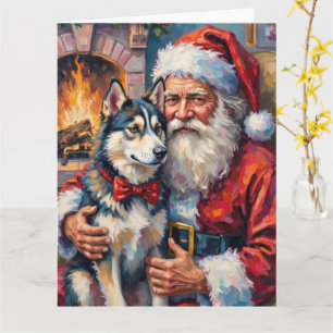 Kerstman met Siberische Husky Kerst Kunst Kaart