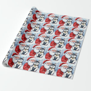 Kerstman met Siberische Husky Kerstkunst Cadeaupapier