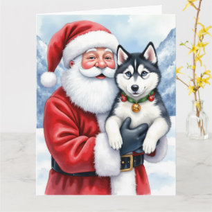 Kerstman met Siberische Husky kerstkunst Kaart