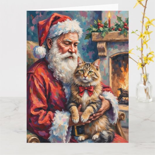 Kerstman met Siberische kat Kerstkunst Kaart (Gele Bloem)