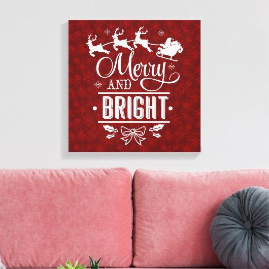 Kerstman met slee Merry And Bright schrift Canvas Afdruk (Insitu (Woonkamer))