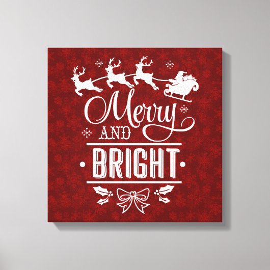 Kerstman met slee Merry And Bright script Canvas Afdruk (Voorkant)