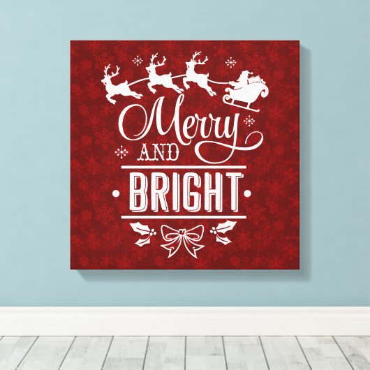 Kerstman met slee Merry And Bright script Canvas Afdruk (Insitu (Houten vloer))
