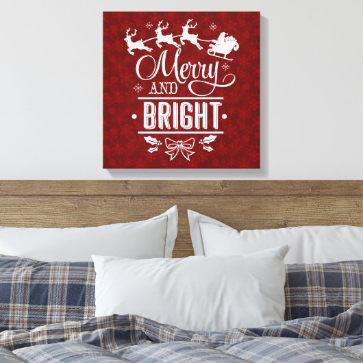 Kerstman met slee Merry And Bright script Canvas Afdruk (Insitu (Slaapkamer))