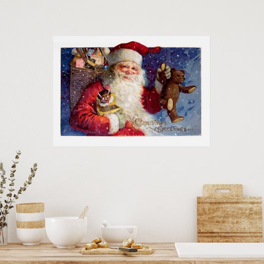 Kerstman met Teddy en Krampus in een doos Poster (Keuken)