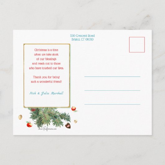  kerstman met traktaties en met sneeuw bedekte den briefkaart (Achterkant)