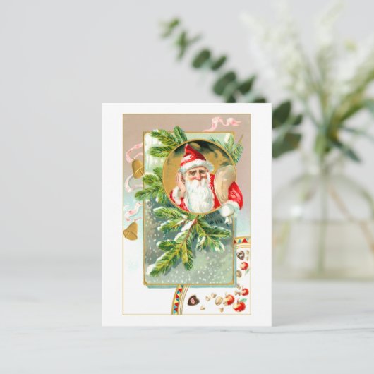  kerstman met traktaties en met sneeuw bedekte den briefkaart (Staand voorkant)