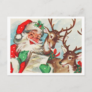 Kerstman met twee herten die kerstliedjes zingen briefkaart