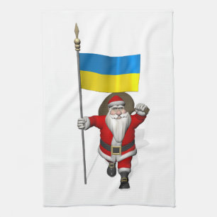Kerstman met vaandel van Oekraïne Theedoek