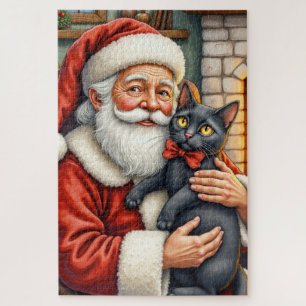 Kerstman met Zwarte Kat Kerst Kunst Legpuzzel
