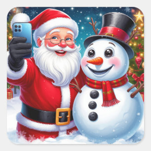 Kerstman neemt kerst-selfie met lachende sneeuwman vierkante sticker