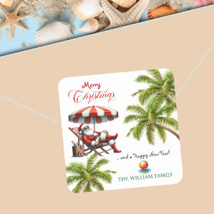 Kerstman onder een strandparasol Kerstmis Vierkante Sticker