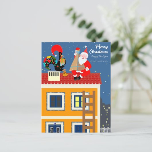 Kerstman ontmoet de Portugese Haan Briefkaart (Staand voorkant)