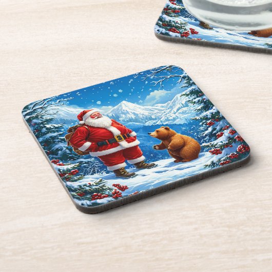 Kerstman ontmoet vriendelijk Beer in Snowy Mountai Bier Onderzetter (Linkerzijde)