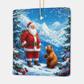 Kerstman ontmoet vriendelijk Beer in Snowy Mountai Keramisch Ornament (Links)
