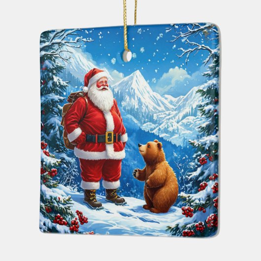 Kerstman ontmoet vriendelijk Beer in Snowy Mountai Keramisch Ornament (Links)